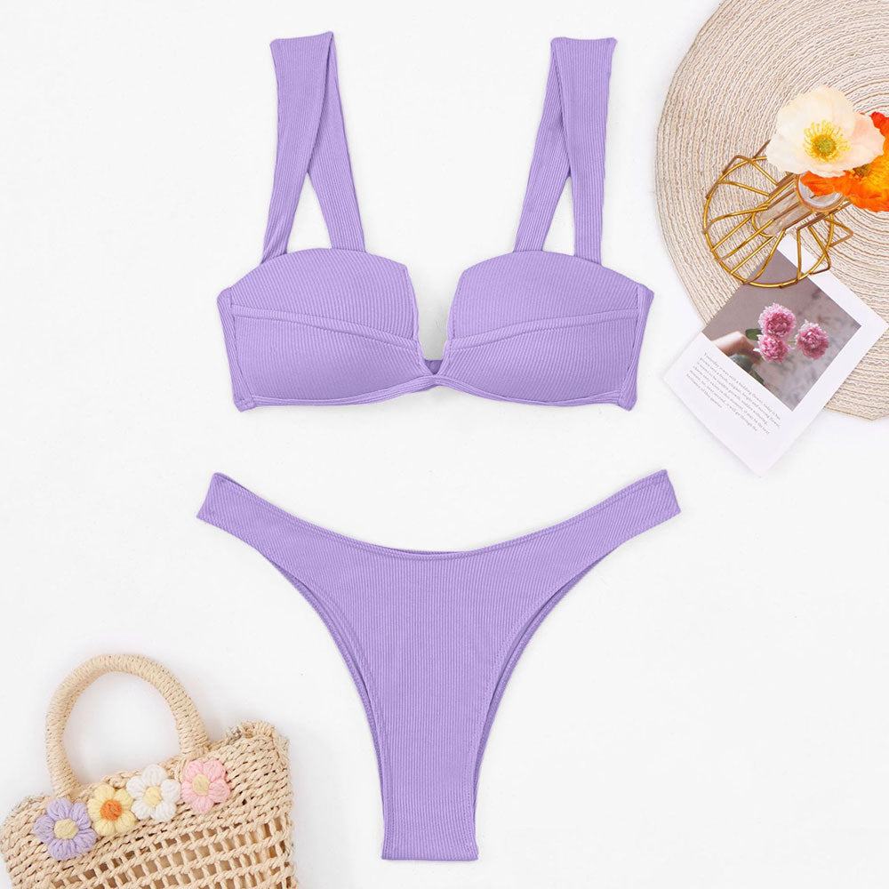 Push Up Ribbed Knit High Leg Cheeky Brazilian Two Piece Bikini