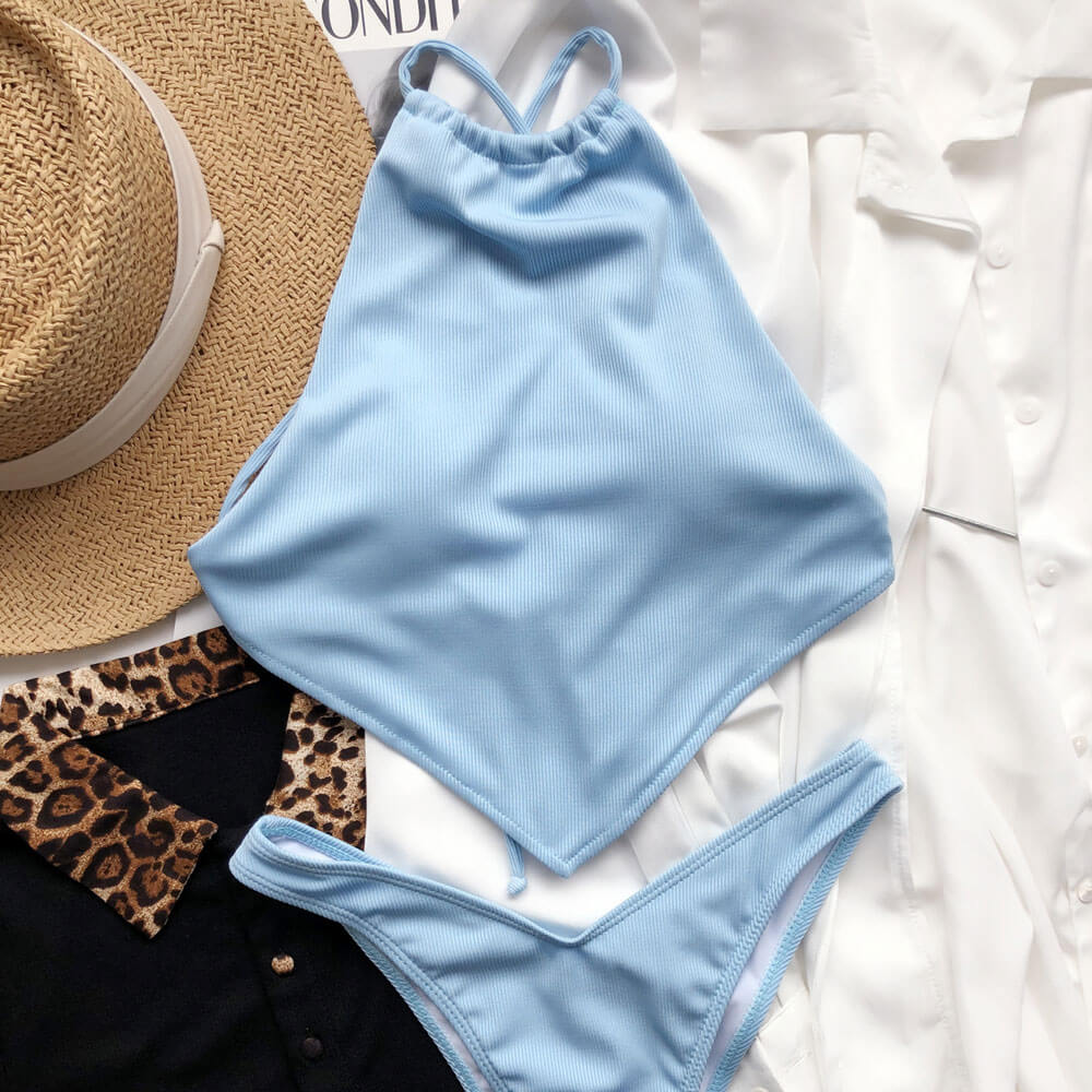 Rib Knit Cheeky High Cut Hanky Halter Brazilian Two Piece Bikini