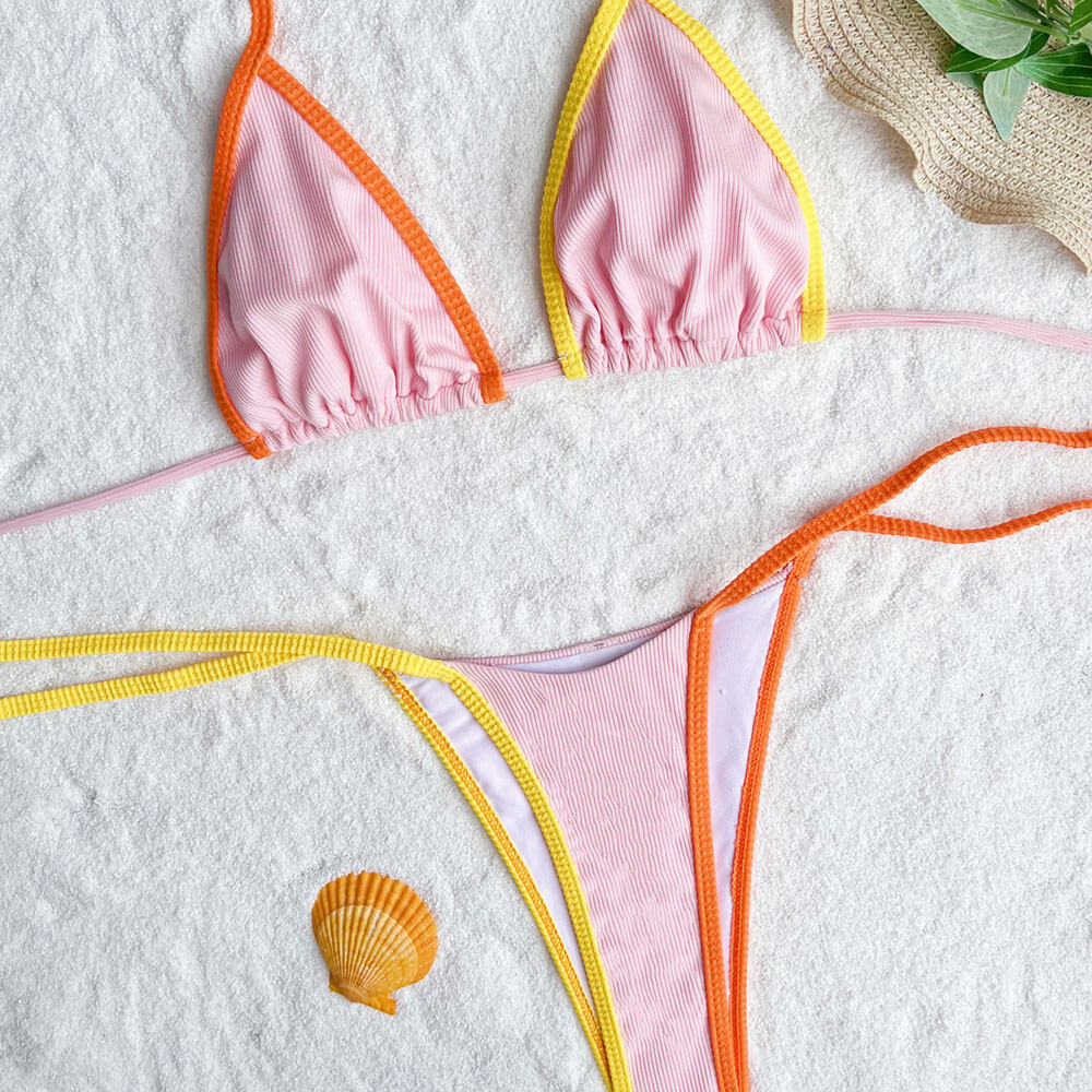 Ribbed Bicolor Tie String Cheeky Triangle Brazilian Two Piece Bikini