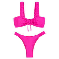 Ruched High Cut Cheeky Tie Front Bralette Brazilian Two Piece Bikini