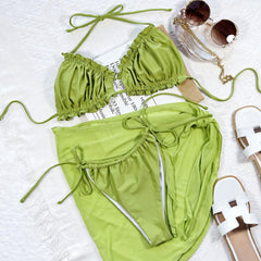 Ruched Tie String Slide Triangle Brazilian Three Piece Bikini