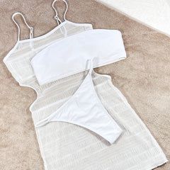 Sheer Cover Up String Bandeau Brazilian Three Piece Bikini