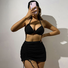 Solid Sarong Tie String Cheeky Triangle Brazilian Three Piece Bikini
