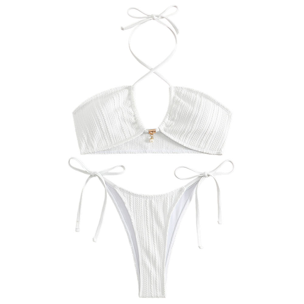 Solid Tie String Cheeky Textured Halter Brazilian Two Piece Bikini