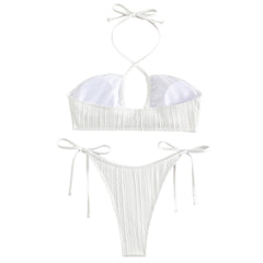 Solid Tie String Cheeky Textured Halter Brazilian Two Piece Bikini