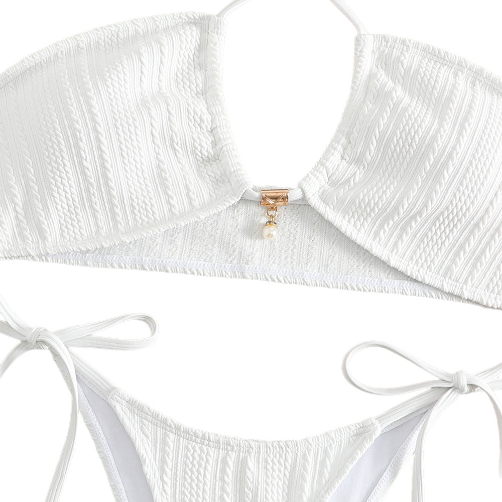 Solid Tie String Cheeky Textured Halter Brazilian Two Piece Bikini