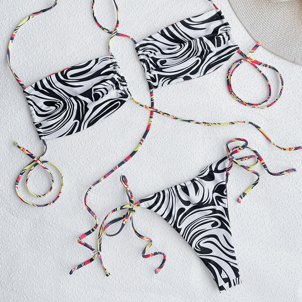 Spiral Printed Tie String Wrap Halter Brazilian Two Piece Bikini