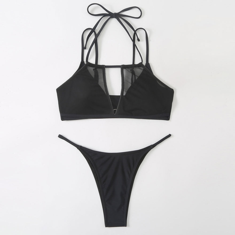 String Cheeky Cutout Mesh Layered Brazilian Two Piece Bikini