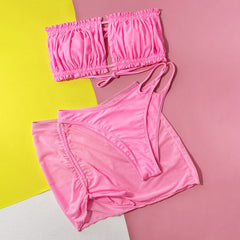 String Cheeky Ruffle Bandeau Cutout Brazilian Three Piece Bikini