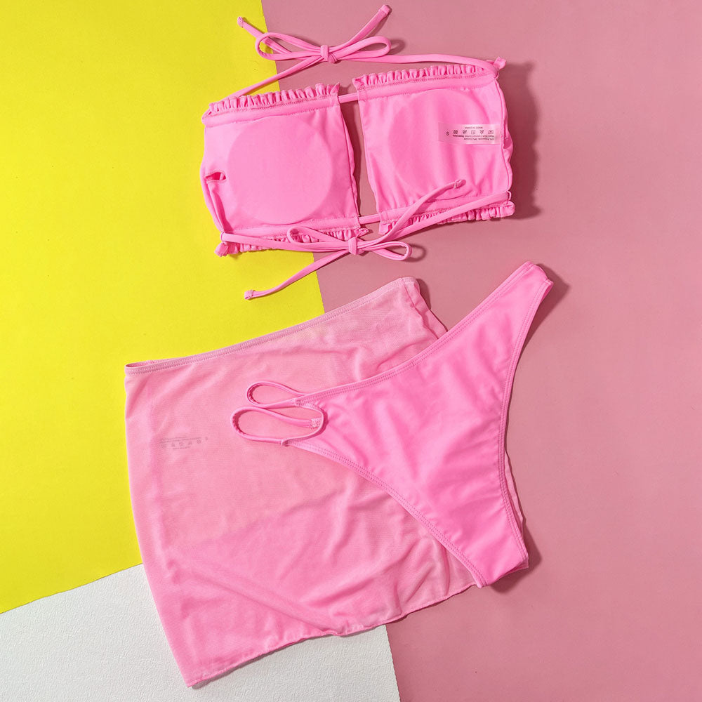 String Cheeky Ruffle Bandeau Cutout Brazilian Three Piece Bikini