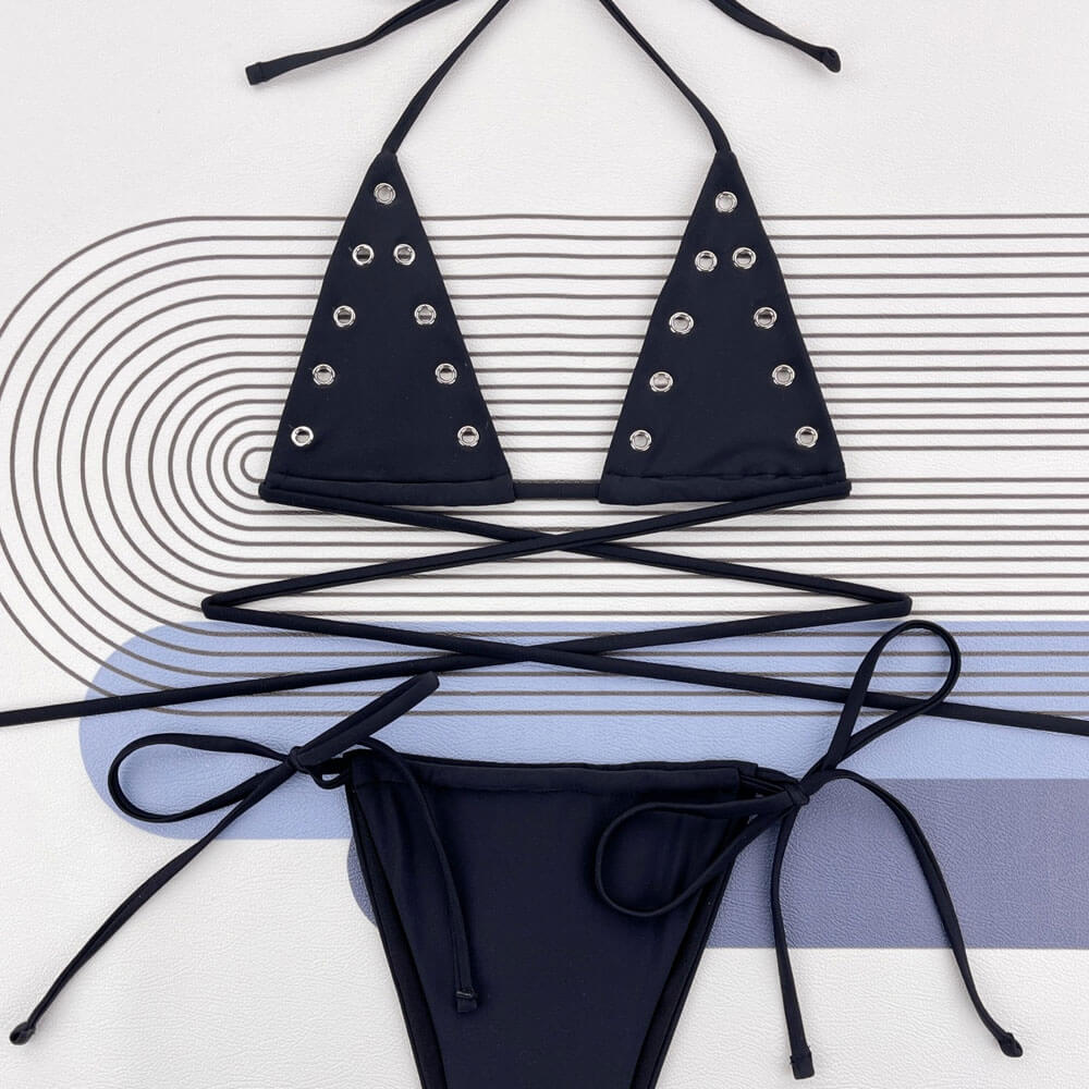 Studded Tie String Cheeky Thong Micro Triangle Brazilian Two Piece Bikini