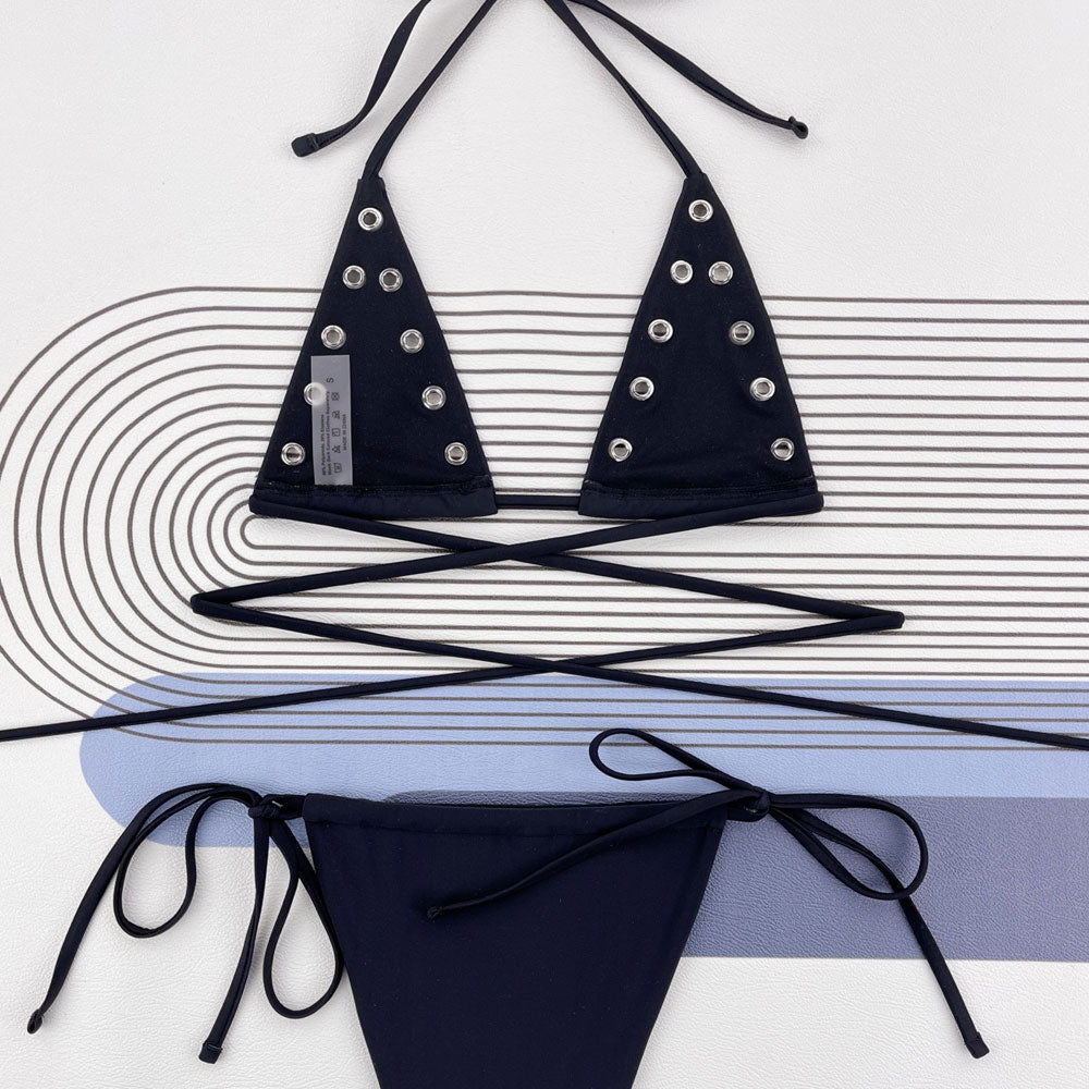 Studded Tie String Cheeky Thong Micro Triangle Brazilian Two Piece Bikini