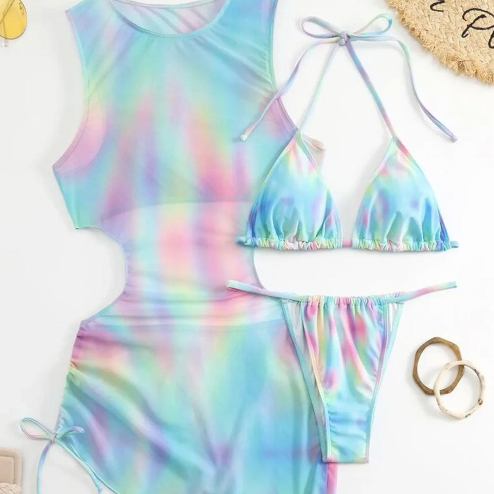 Tie Dye Cutout Triangle Halter String Cheeky Brazilian Three Piece Bikini