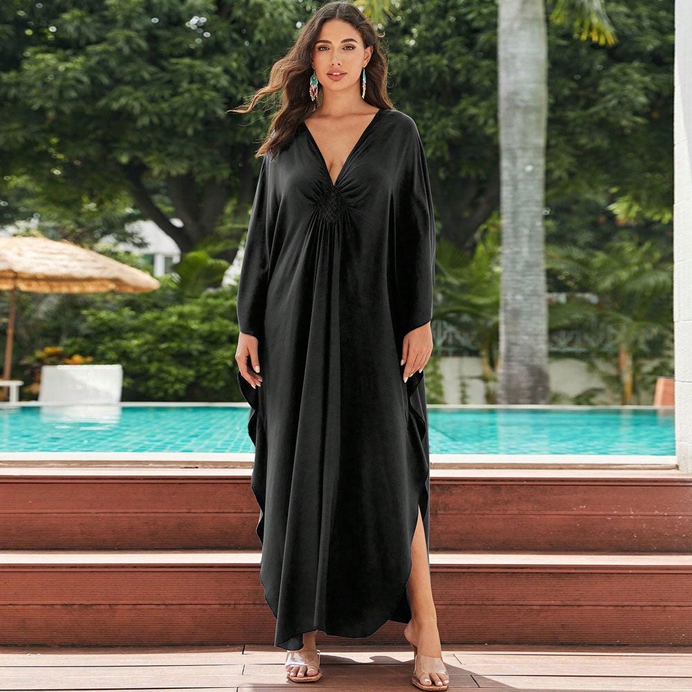 V Neck Braided Detail Draped Sleeve Side Split Caftan Beach Cover Up
