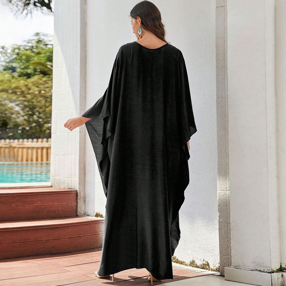 V Neck Braided Detail Draped Sleeve Side Split Caftan Beach Cover Up