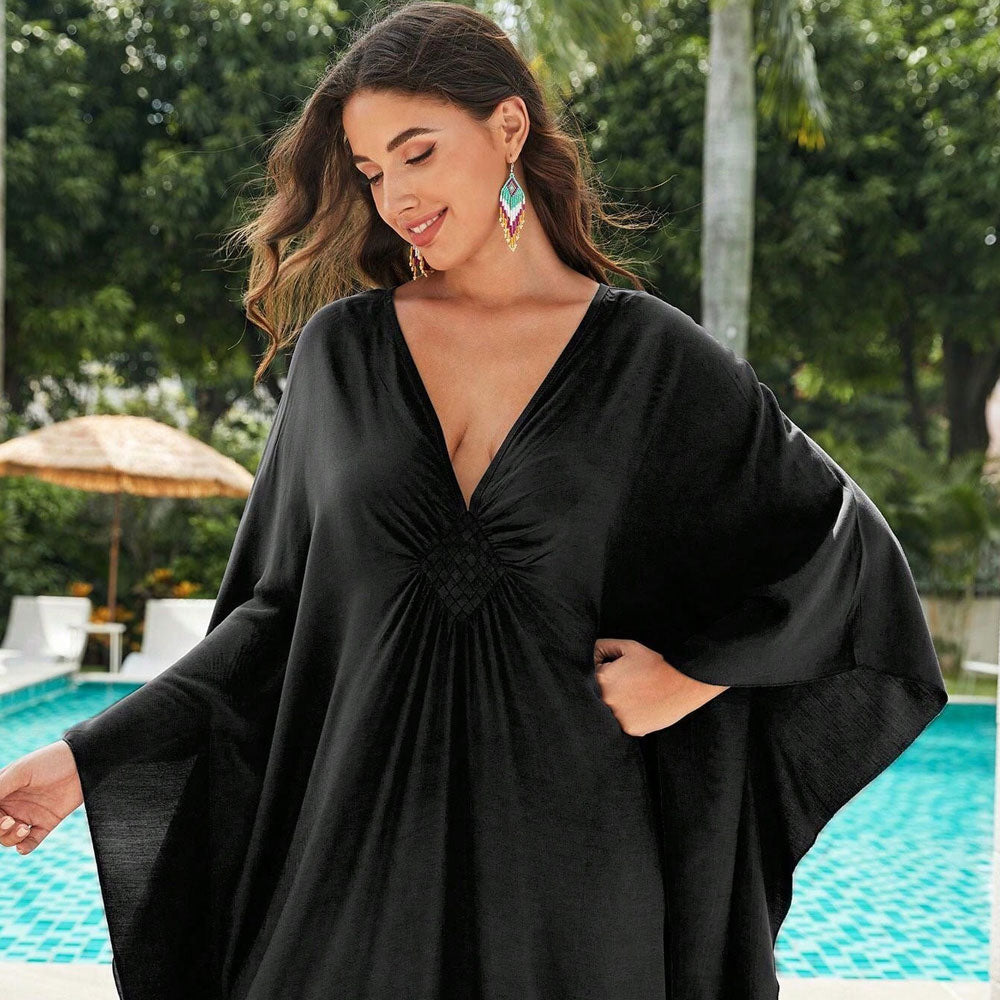 V Neck Braided Detail Draped Sleeve Side Split Caftan Beach Cover Up