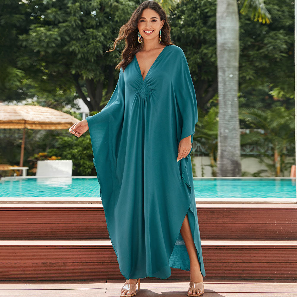 V Neck Braided Detail Draped Sleeve Side Split Caftan Beach Cover Up