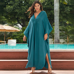 V Neck Braided Detail Draped Sleeve Side Split Caftan Beach Cover Up