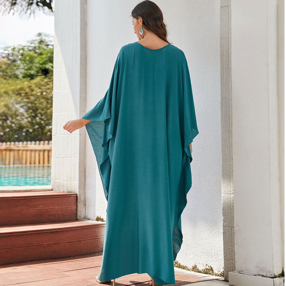 V Neck Braided Detail Draped Sleeve Side Split Caftan Beach Cover Up