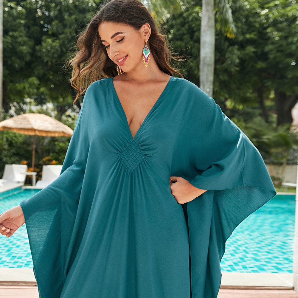 V Neck Braided Detail Draped Sleeve Side Split Caftan Beach Cover Up