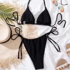 Wave Textured Tie Side Sliding Triangle Brazilian Two Piece Bikini