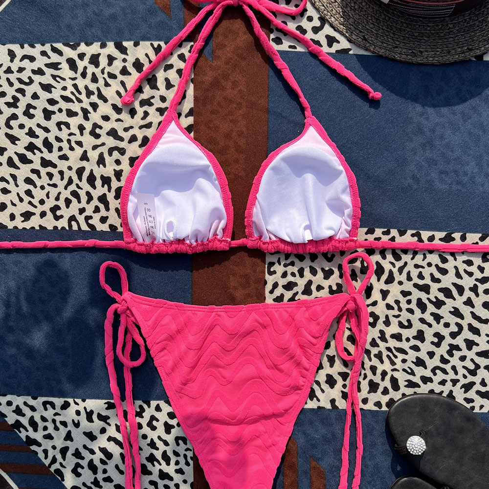 Wavy Terry Cloth Tie String Sliding Triangle Brazilian Two Piece Bikini