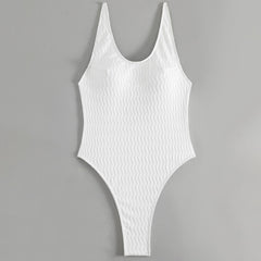 Wavy Textured Open Back Cheeky Scoop Neck Brazilian One Piece Swimsuit