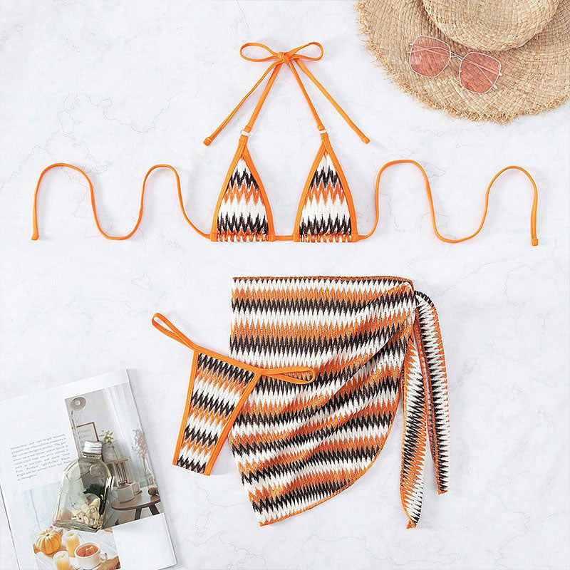 Zigzag Print String Cheeky Micro Triangle Brazilian Three Piece Bikini