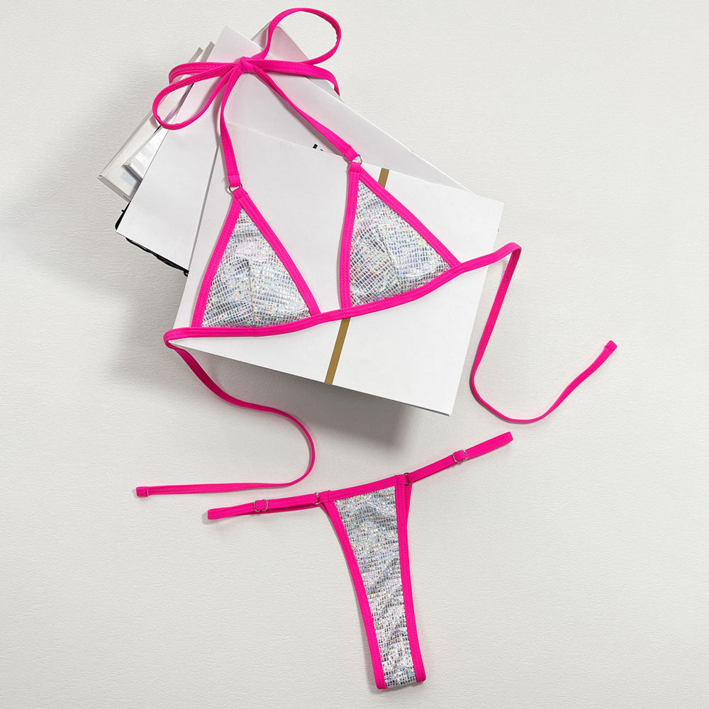 Shimmer Gingham String Cheeky Thong Micro Triangle Brazilian Two Piece Bikini