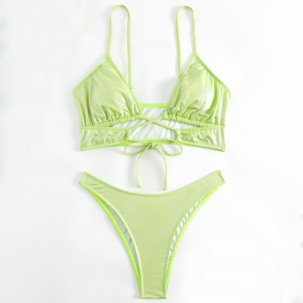 Shimmer High Leg Cheeky Lace Up Tie Front Brazilian Two Piece Bikini