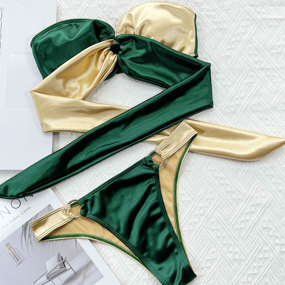 Shiny Color Panel O Ring Bow Tie Bandeau Brazilian Two Piece Bikini