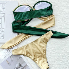 Shiny Color Panel O Ring Bow Tie Bandeau Brazilian Two Piece Bikini