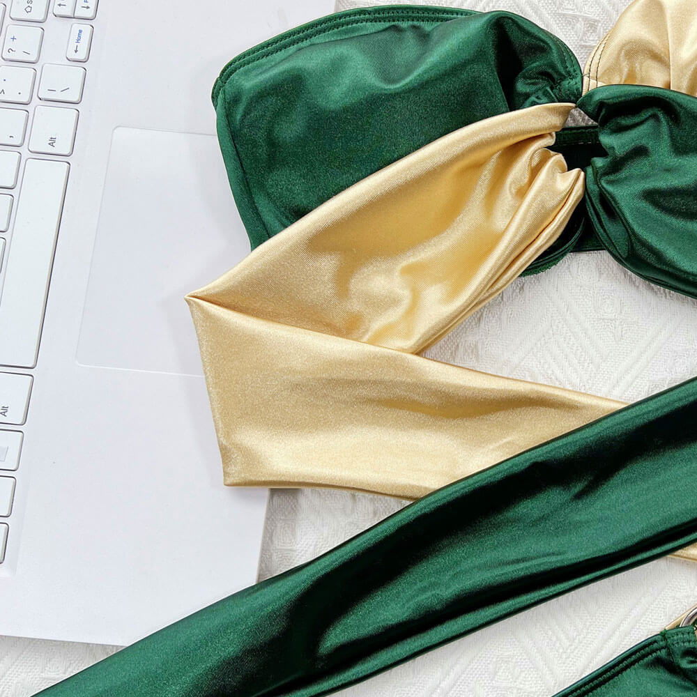 Shiny Color Panel O Ring Bow Tie Bandeau Brazilian Two Piece Bikini
