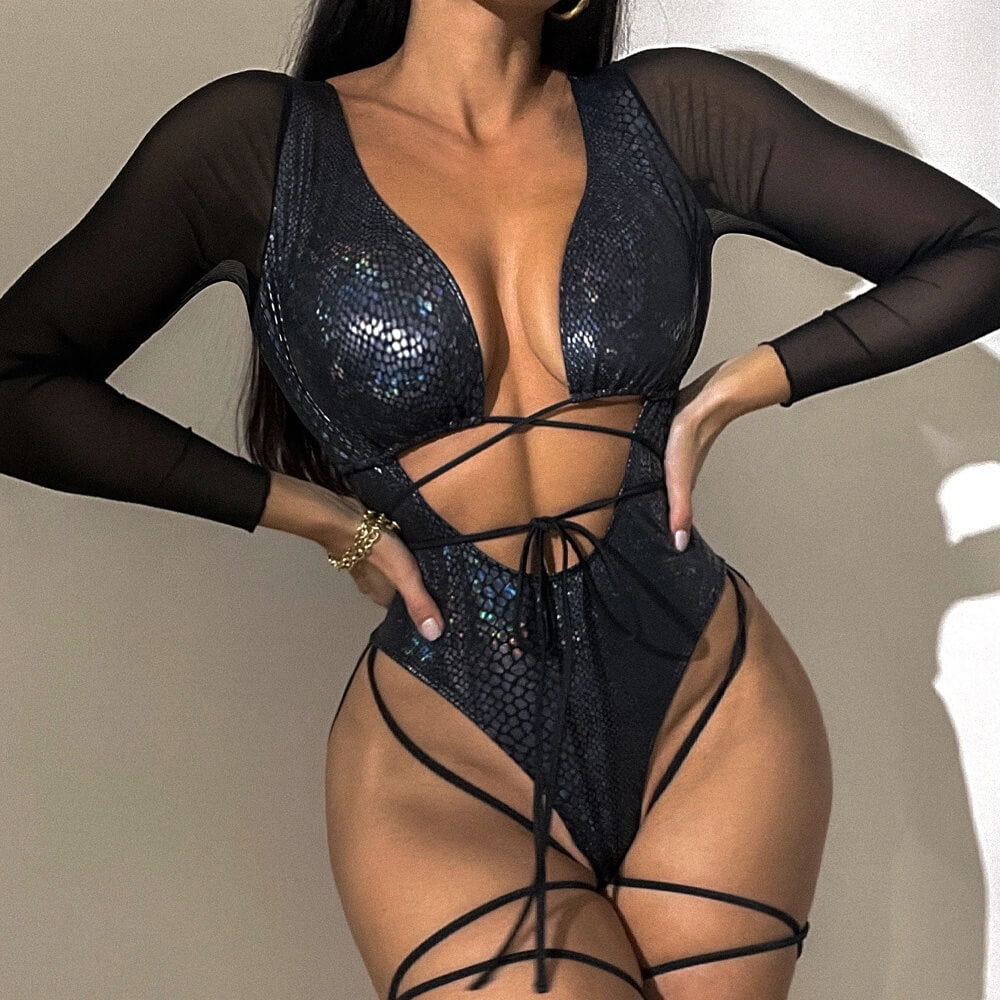 Snake Sleeved Wrap String Thong Deep V Brazilian One Piece Swimsuit