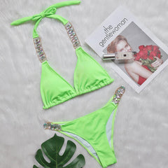 Sparkling Crystal Ribbed Halter Slide Triangle Brazilian Two Piece Bikini
