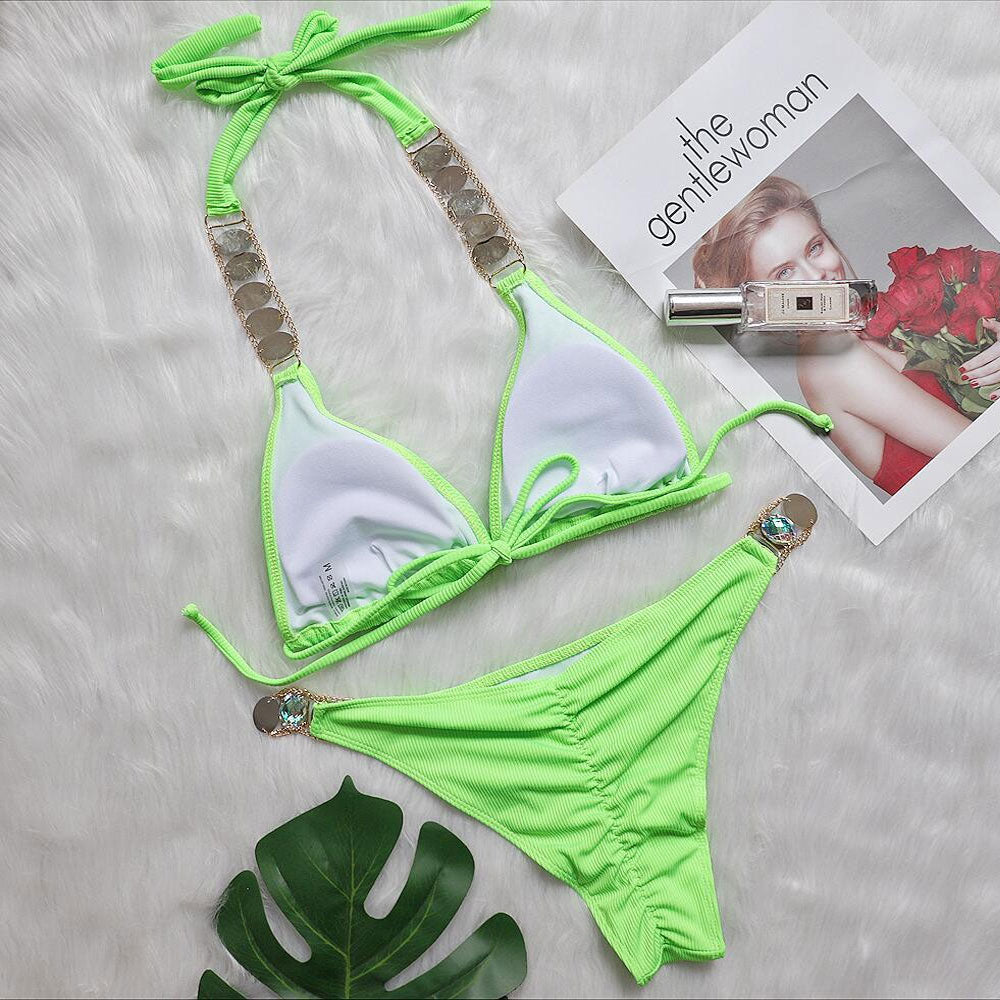 Sparkling Crystal Ribbed Halter Slide Triangle Brazilian Two Piece Bikini
