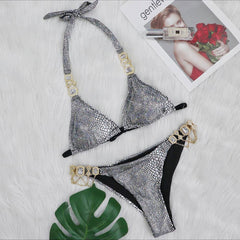 Sparkling Crystal Snake Print Slide Triangle Brazilian Two Piece Bikini
