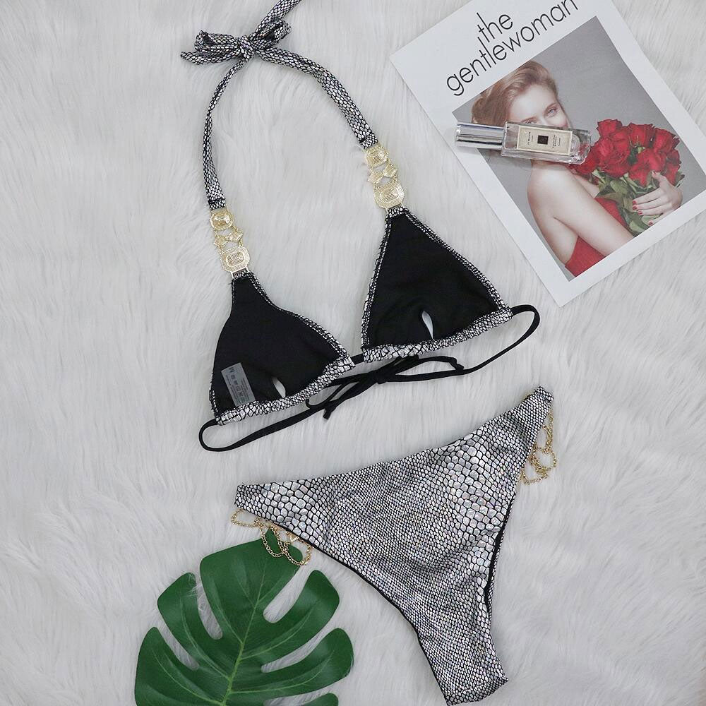 Sparkling Crystal Snake Print Slide Triangle Brazilian Two Piece Bikini