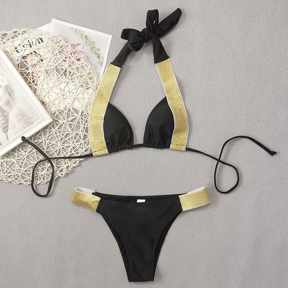 Sparkly Contrast High Cut Cheeky Triangle Brazilian Two Piece Bikini