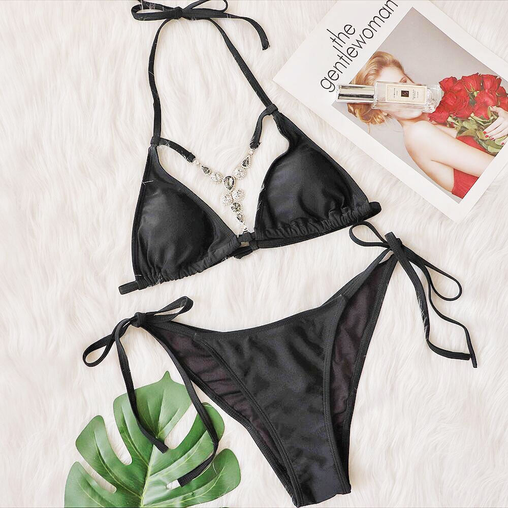Sparkly Crystal Cutout String Slide Triangle Brazilian Two Piece Bikini