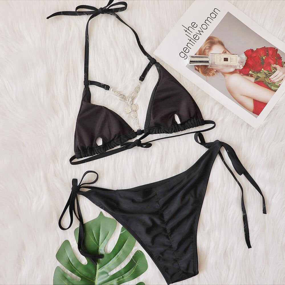 Sparkly Crystal Cutout String Slide Triangle Brazilian Two Piece Bikini