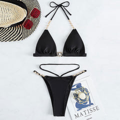 Sparkly Crystal Metallic String Triangle Brazilian Two Piece Bikini