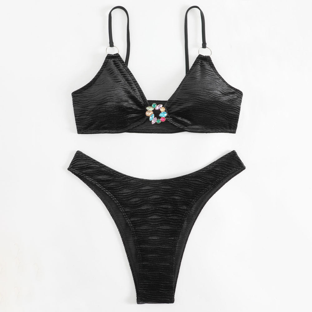 Sparkly Crystal O Ring High Cut Cheeky Ribbed Brazilian Two Piece Bikini