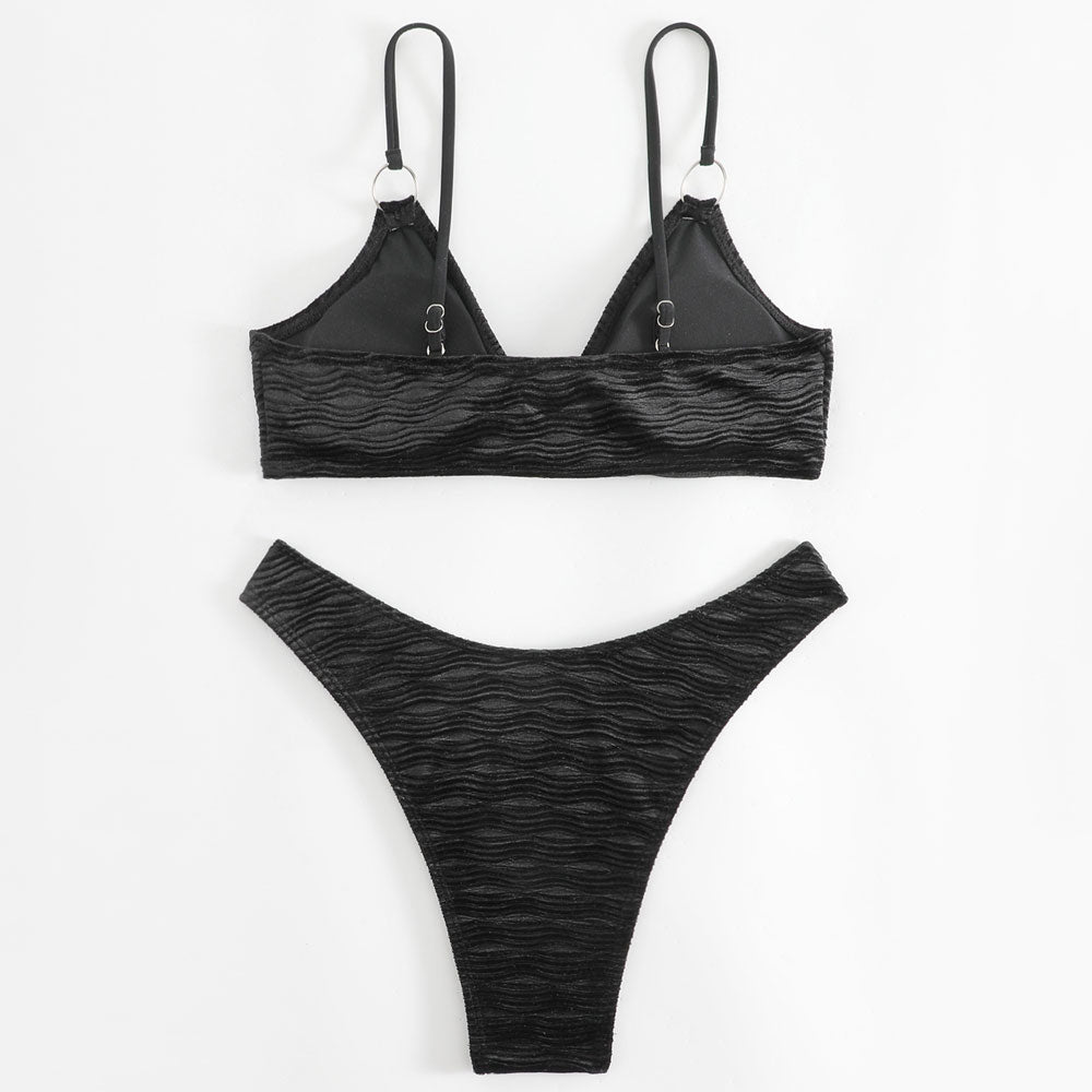 Sparkly Crystal O Ring High Cut Cheeky Ribbed Brazilian Two Piece Bikini