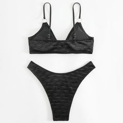 Sparkly Crystal O Ring High Cut Cheeky Ribbed Brazilian Two Piece Bikini