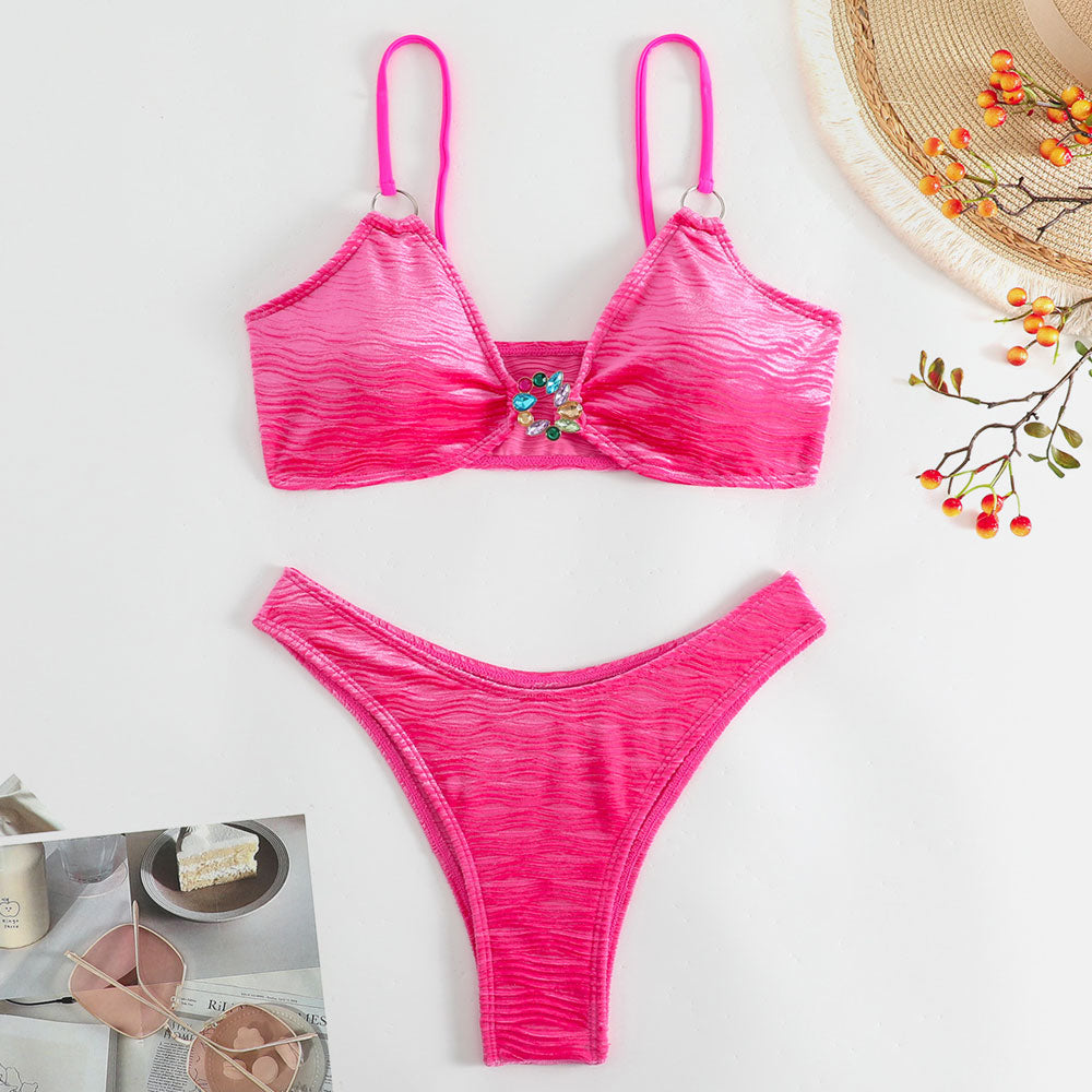 Sparkly Crystal O Ring High Cut Cheeky Ribbed Brazilian Two Piece Bikini