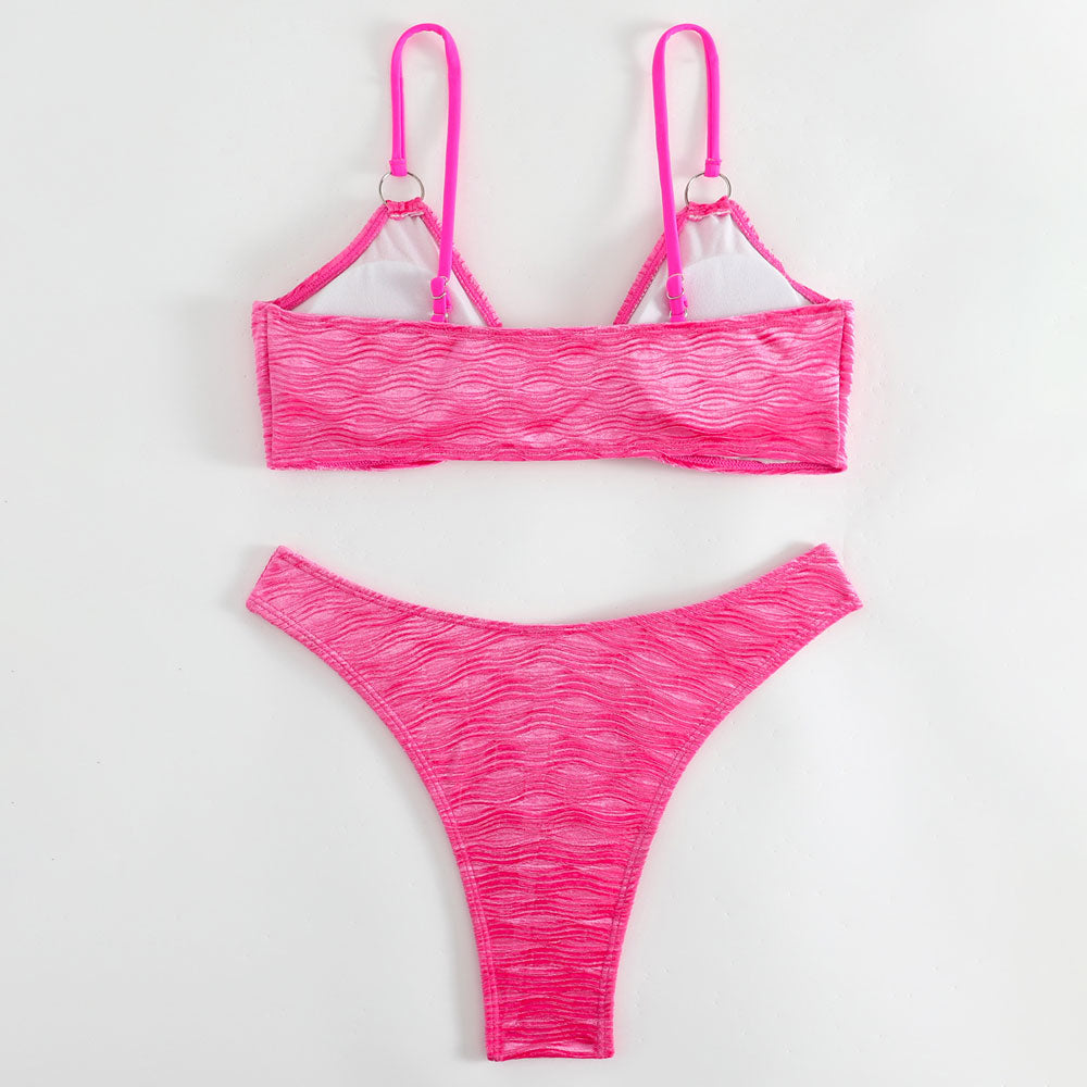 Sparkly Crystal O Ring High Cut Cheeky Ribbed Brazilian Two Piece Bikini
