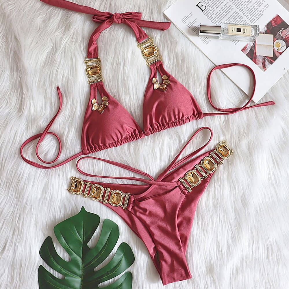 Sparkly Crystal Scrunch Back Slide Triangle Brazilian Two Piece Bikini