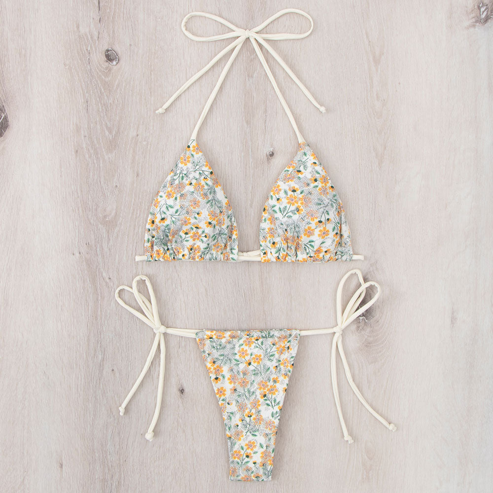 Sparkly Floral Embroidered Thong Triangle Brazilian Two Piece Bikini