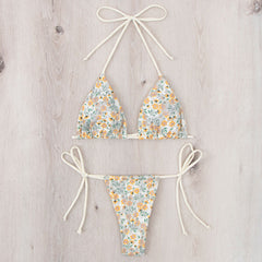 Sparkly Floral Embroidered Thong Triangle Brazilian Two Piece Bikini